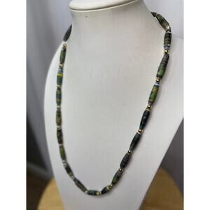 beaded necklace throwback style 'scrolled paper' green beads costume jewelry